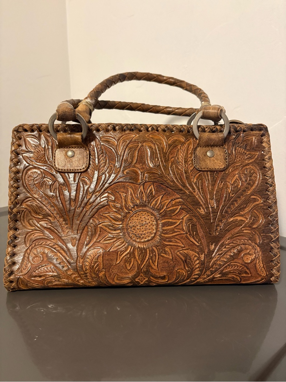 Alejandro Yeo Sunflower Hand-Tooled Floral Leather Satchel - Brown